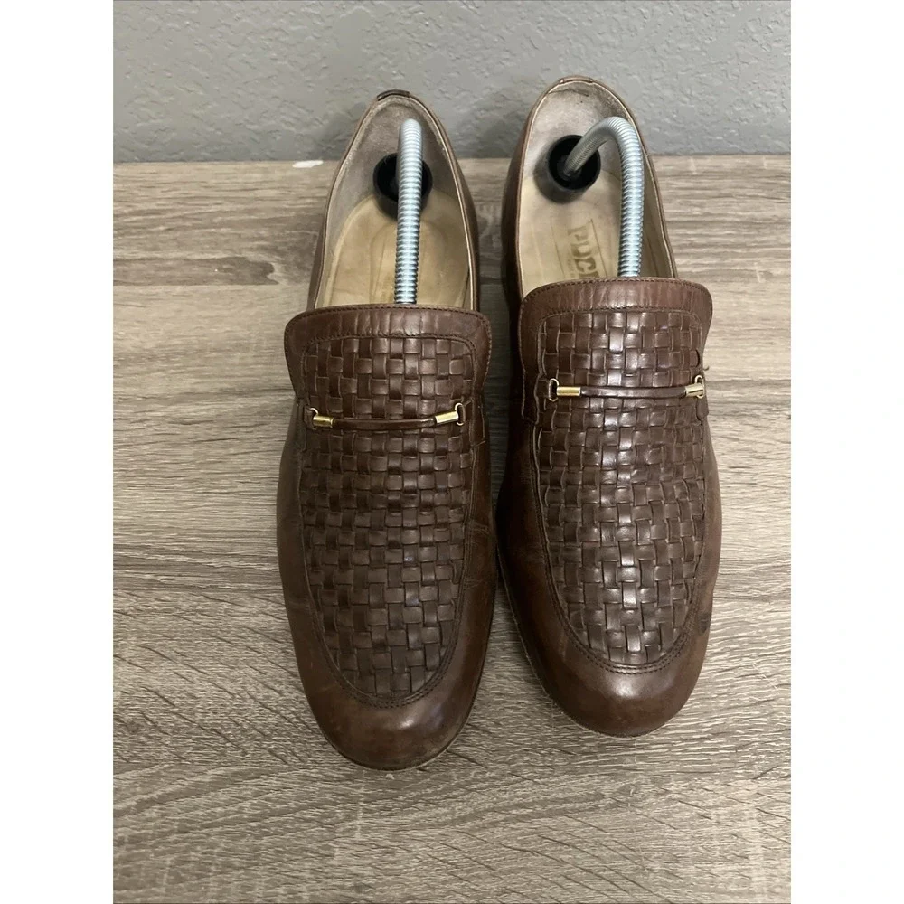 Pucci Loafers Mens 10 Brown Woven Leather Gold Bar Slip On Made in Italy Vintage